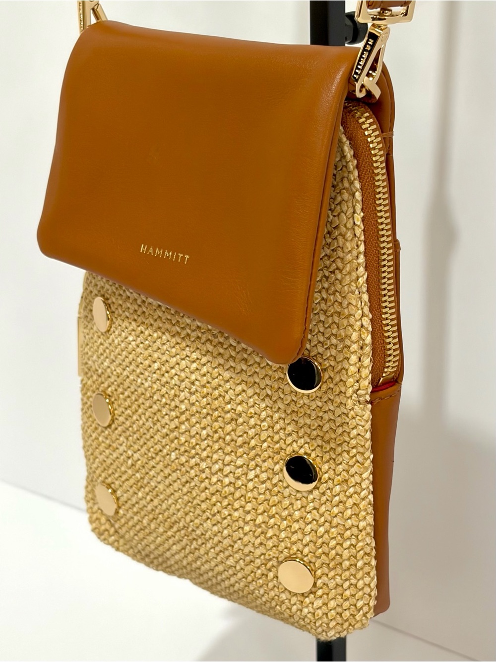 Hammitt VIP Mobile Crossbody Bag In Cocoa Raffia With Shiny Gold Hardware NWOT - Picture 5 of 15